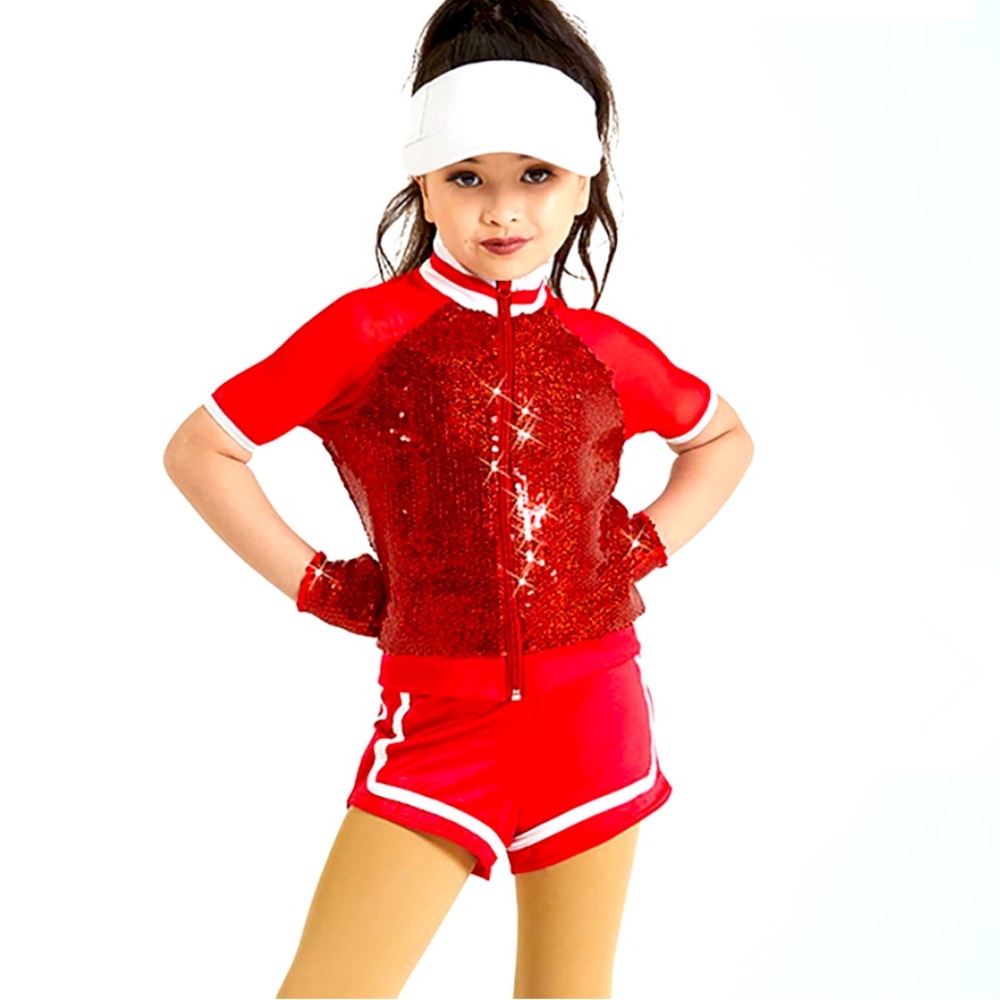 Weissman style 11898 red sequin jacket, shorts, and half top. Girls dance!